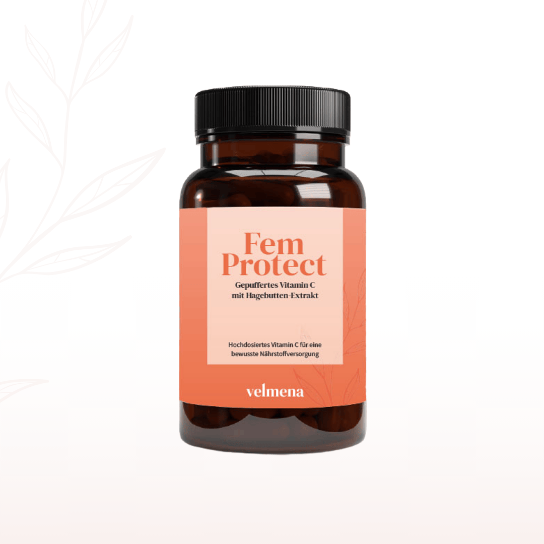 Velmena FemProtect mit 400 mg gepuffertem Vitamin C und Hagebutten-Extrakt in braunem Glas, Frontansicht