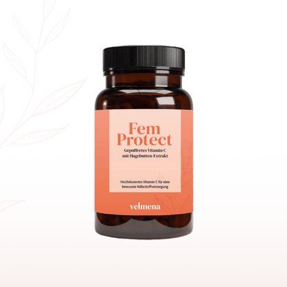 Velmena FemProtect mit 400 mg gepuffertem Vitamin C und Hagebutten-Extrakt in braunem Glas, Frontansicht