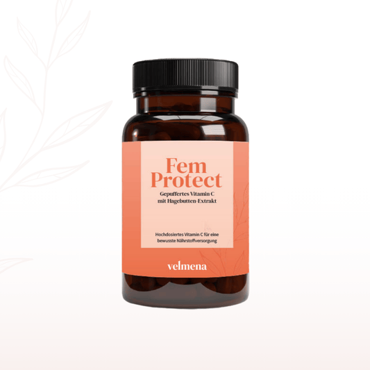 Velmena FemProtect mit 400 mg gepuffertem Vitamin C und Hagebutten-Extrakt in braunem Glas, Frontansicht