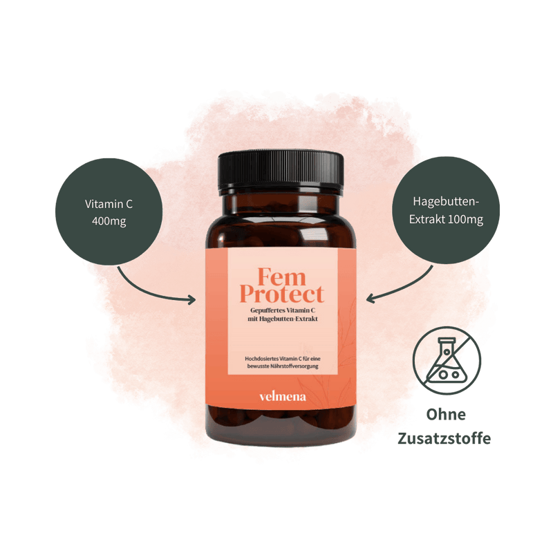 Velmena FemProtect mit 400 mg Vitamin C und 100 mg Hagebutten-Extrakt, ohne Zusatzstoffe, hochwertige Rezeptur im Glas