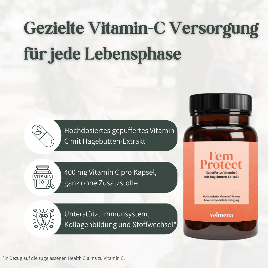 Velmena FemProtect Vitamin C Kapseln mit Vorteilen wie 400 mg pro Kapsel, gepufferte Form und Unterstützung von Immunsystem, Kollagenbildung und Stoffwechsel