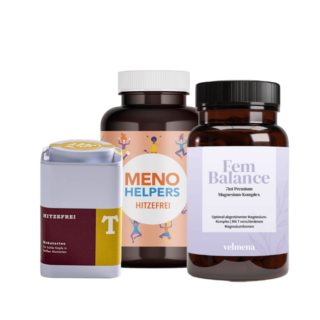 Hitzefrei Cool Down 3-Stufen-Set mit Meno Helpers Hitzefrei Kapseln, Kräutertee und FemBalance Magnesium-Komplex von Velmena
