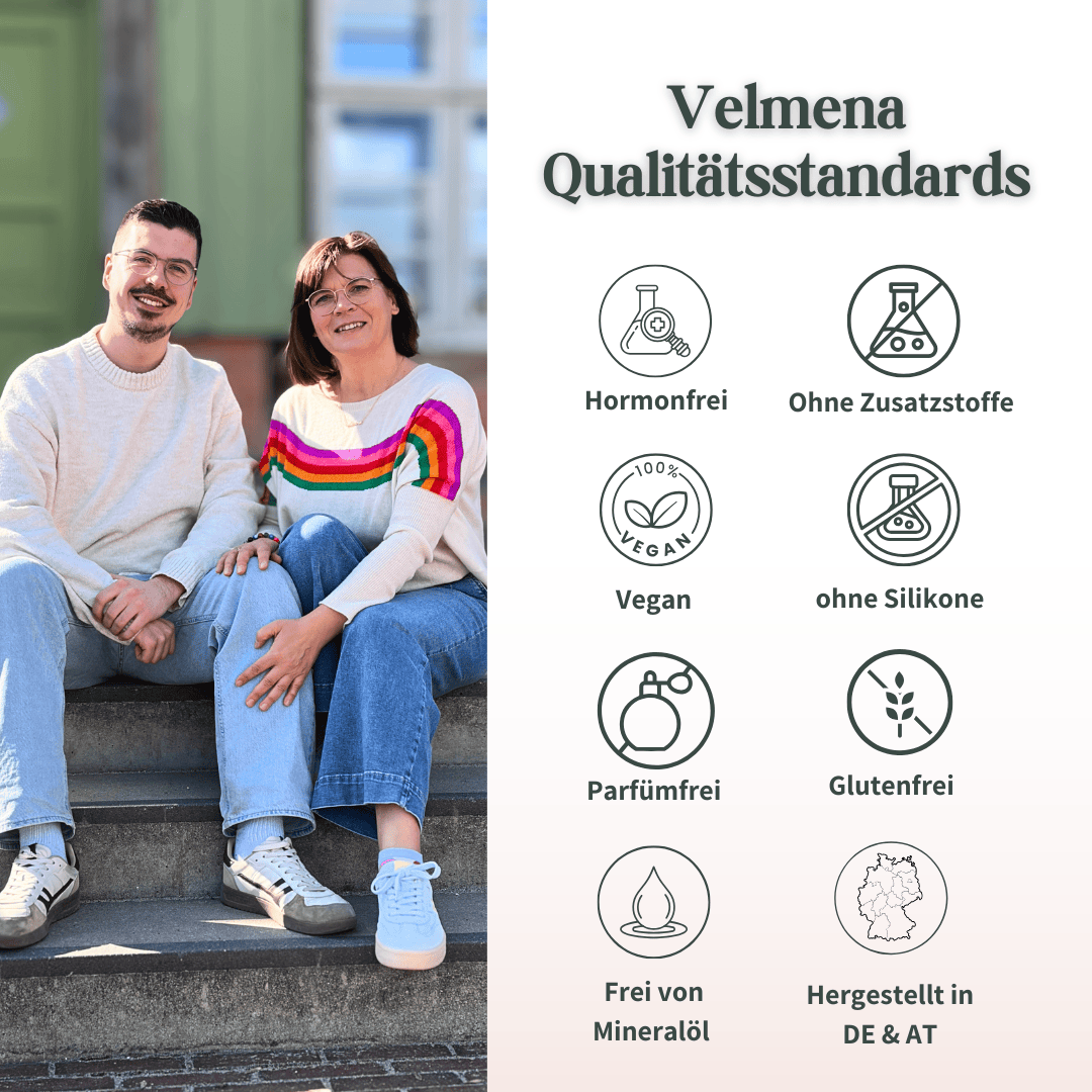 Velmena Qualitätsstandards mit Gründerfoto und Hinweisen wie hormonfrei, vegan, glutenfrei, parfümfrei und hergestellt in Deutschland und Österreich