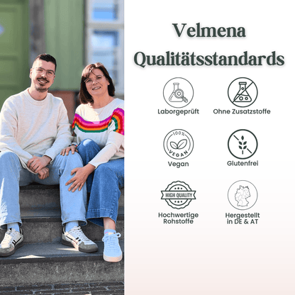 Velmena Qualitätsstandards mit geprüfter Qualität, veganer Formulierung, glutenfreien Produkten und Herstellung in Deutschland und Österreich