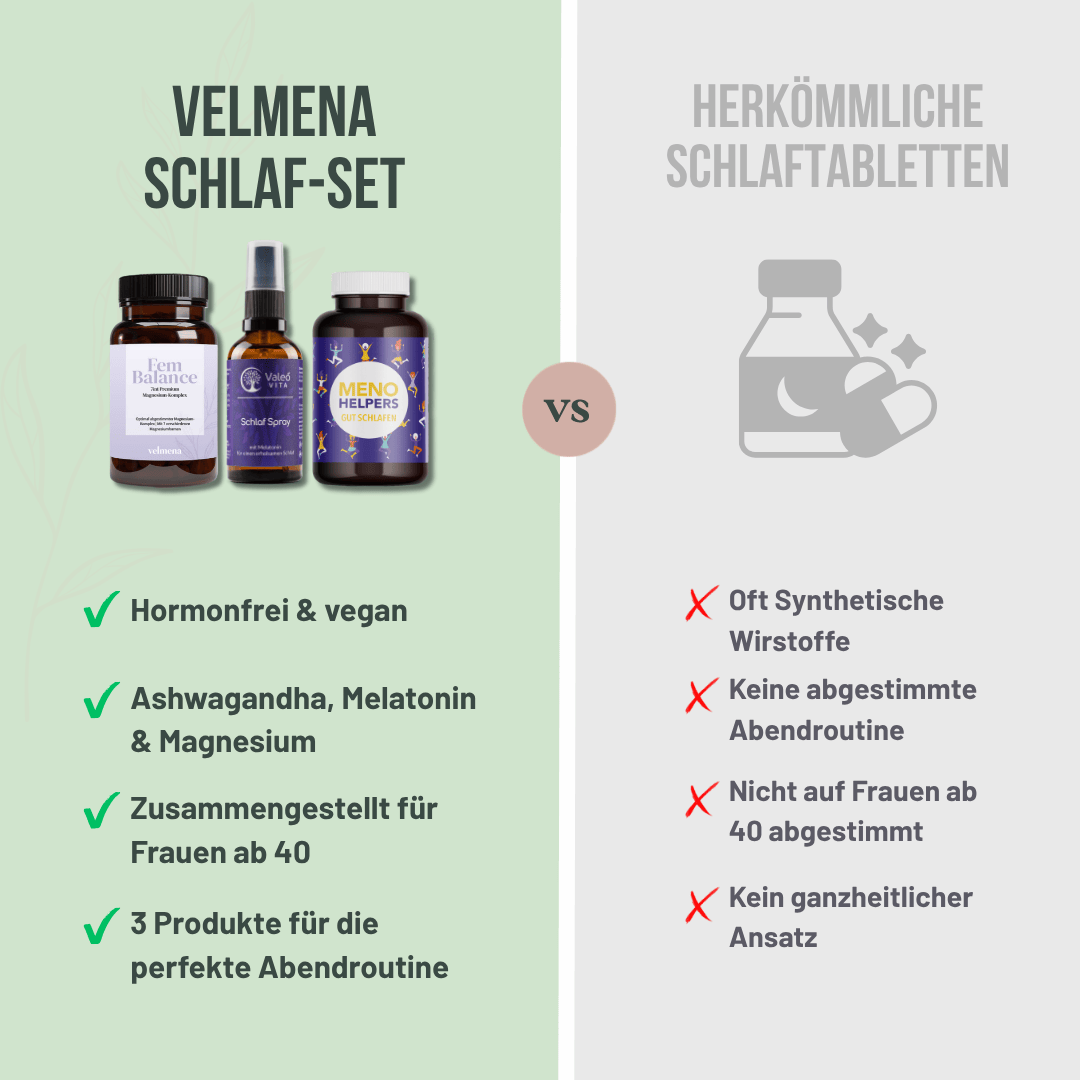 Vergleich zwischen dem Velmena Schlaf Set mit Magnesium, Melatonin und pflanzlichen Inhaltsstoffen und herkömmlichen Schlafhilfen für Frauen ab 40