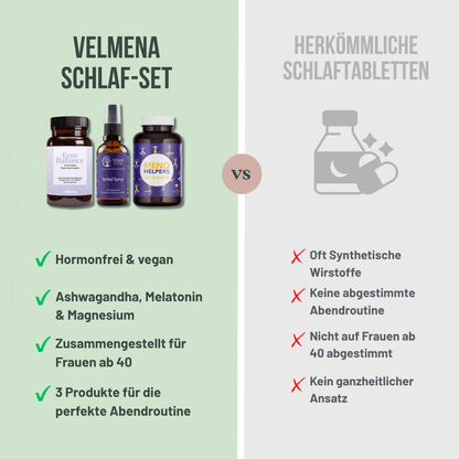 Vergleich zwischen dem Velmena Schlaf Set mit Magnesium, Melatonin und pflanzlichen Inhaltsstoffen und herkömmlichen Schlafhilfen für Frauen ab 40