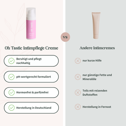 Vergleich: Oh Tastic Intimpflege Creme vs. herkömmliche Produkte – Made in Germany, parfümfrei und hormonfrei.