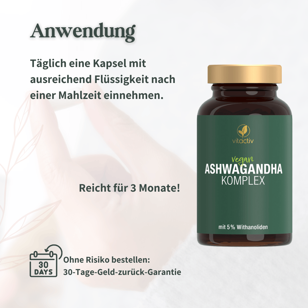Hinweise zur täglichen Einnahme des Vitactiv Ashwagandha Komplex und Angabe zur dreimonatigen Reichweite