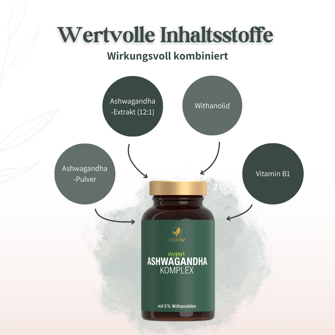 Übersicht der Inhaltsstoffe des Vitactiv Ashwagandha Komplex mit Pulver, Extrakt, Withanoliden und Vitamin B1