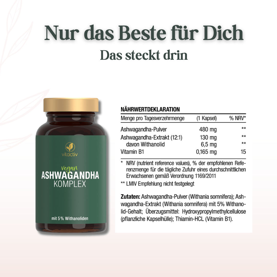 Nährwertdeklaration und Zutatenliste des Vitactiv Ashwagandha Komplex pro Tagesportion
