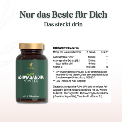 Nährwertdeklaration und Zutatenliste des Vitactiv Ashwagandha Komplex pro Tagesportion