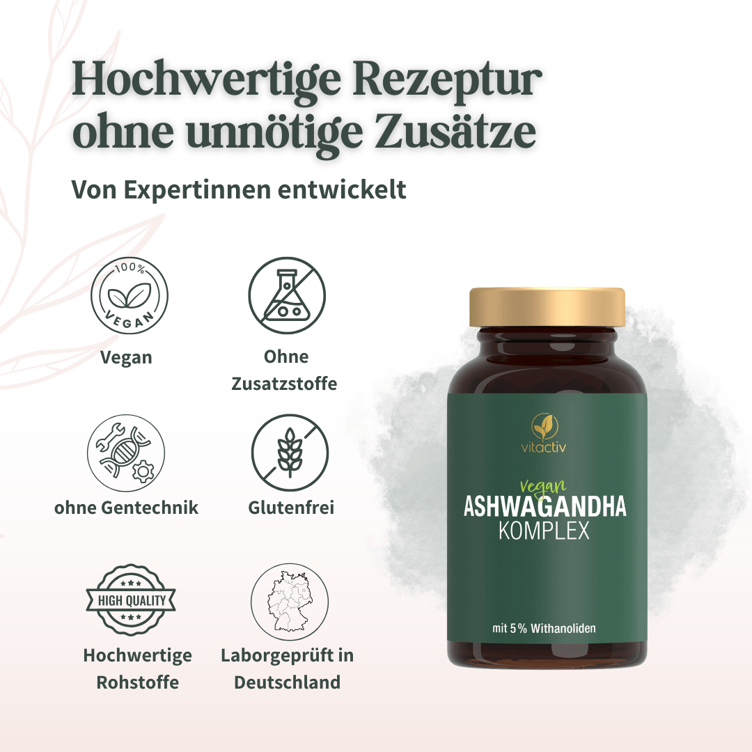 Vitactiv Ashwagandha Komplex mit Hinweisen auf vegane Rezeptur, Laborprüfung und Verzicht auf Zusatzstoffe