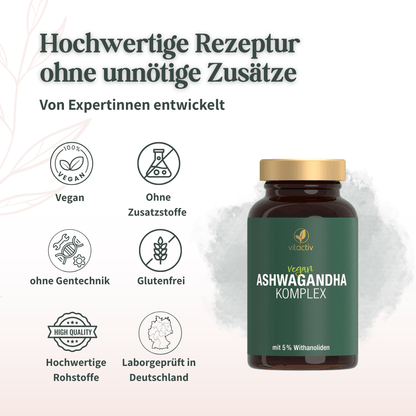 Vitactiv Ashwagandha Komplex mit Hinweisen auf vegane Rezeptur, Laborprüfung und Verzicht auf Zusatzstoffe
