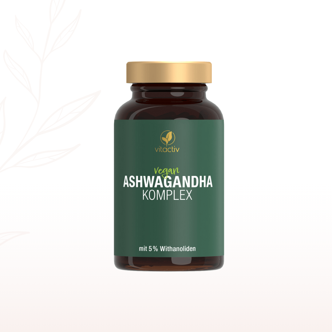 Vitactiv veganer Ashwagandha Komplex in brauner Glasflasche mit grünem Etikett