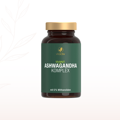 Vitactiv veganer Ashwagandha Komplex in brauner Glasflasche mit grünem Etikett