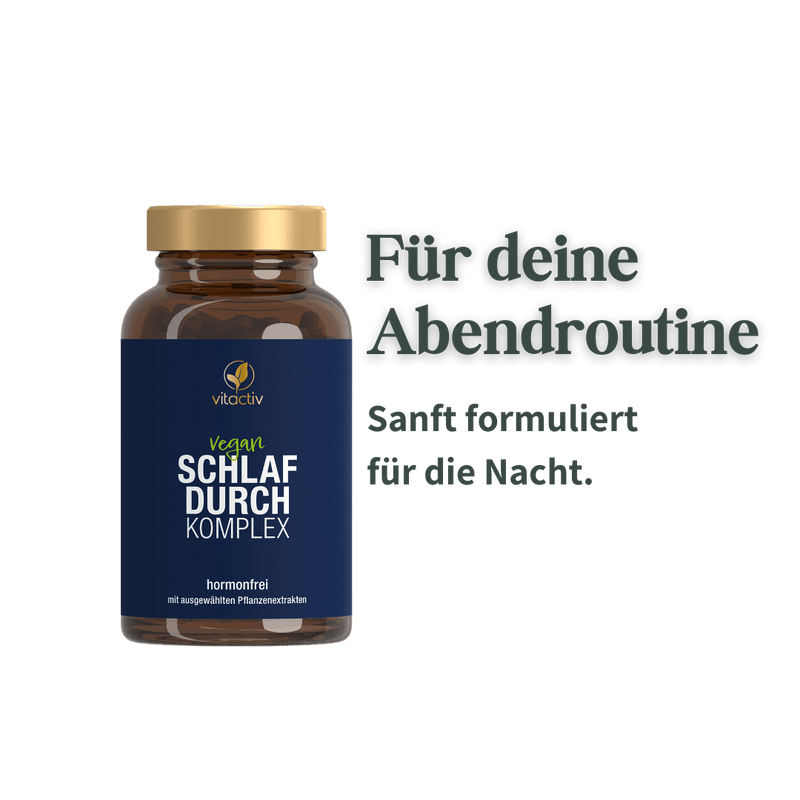 Vitactiv Schlafdurch Komplex vegan mit Hinweis sanft formuliert für die Abendroutine
