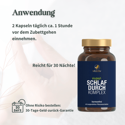 Anwendung des Vitactiv Schlafdurch Komplex mit Einnahme von zwei Kapseln am Abend