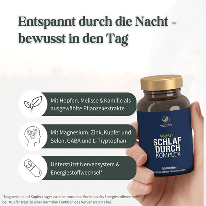 Vitactiv Schlafdurch Komplex mit Inhaltsstoffen und Hinweis auf Unterstützung von Nervensystem und Energiestoffwechsel