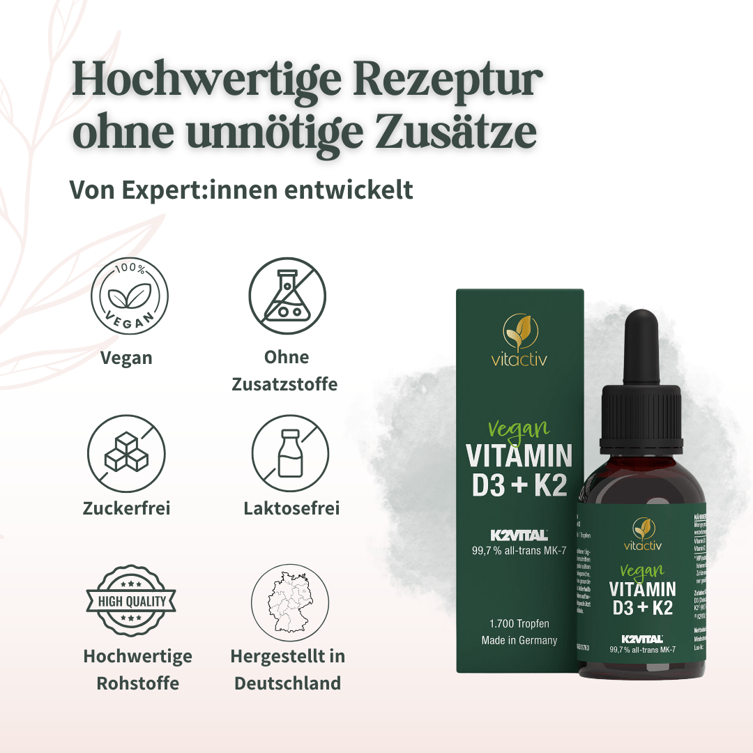 Vitactiv Vitamin D3 und K2 Tropfen mit Informationen zu Rezeptur Qualität und Herstellung