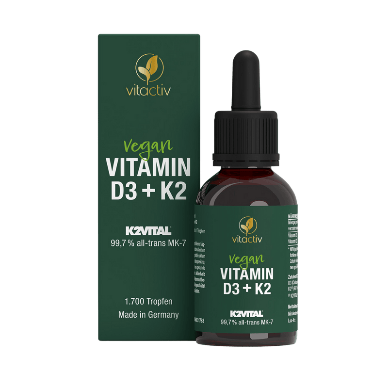 Vitactiv Vitamin D3 und K2 Tropfen vegan mit Verpackung und Pipettenflasche