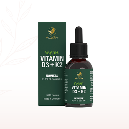 Vitactiv Vitamin D3 und K2 Tropfen vegan mit Verpackung und Pipettenflasche