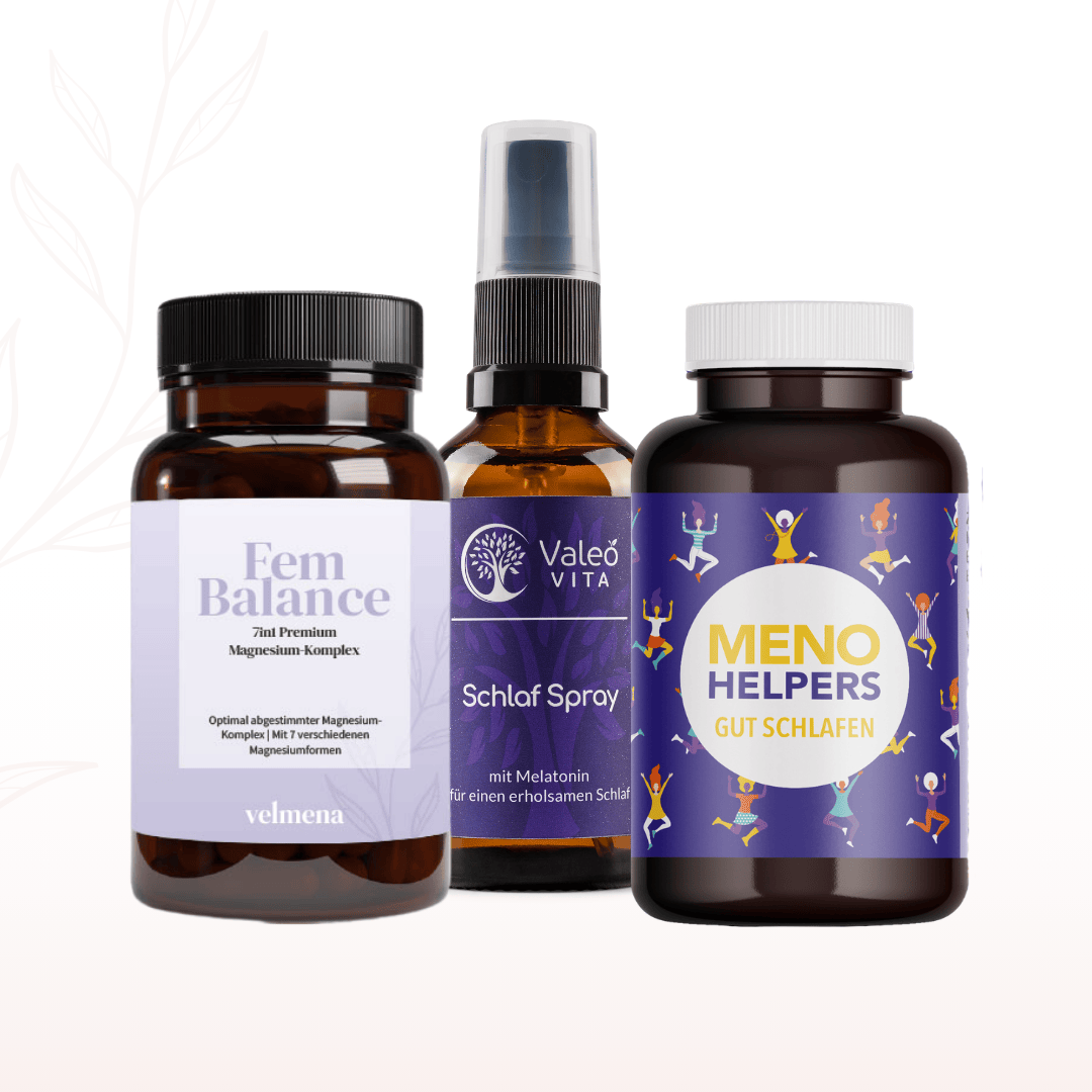 Kombination aus Fem Balance Magnesium-Komplex, Valeo Vita Schlafspray und Meno Helpers Gut Schlafen für eine bewusste Abendroutine
