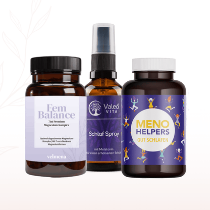 Kombination aus Fem Balance Magnesium-Komplex, Valeo Vita Schlafspray und Meno Helpers Gut Schlafen für eine bewusste Abendroutine