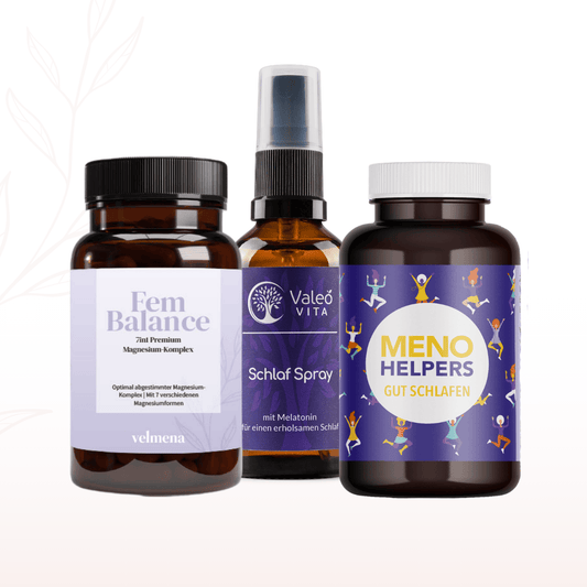 Kombination aus Fem Balance Magnesium-Komplex, Valeo Vita Schlafspray und Meno Helpers Gut Schlafen für eine bewusste Abendroutine