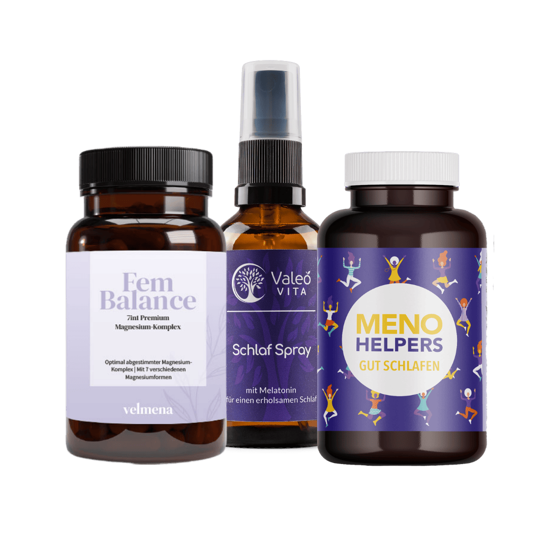 Kombination aus Fem Balance Magnesium-Komplex, Valeo Vita Schlafspray und Meno Helpers Gut Schlafen für eine bewusste Abendroutine