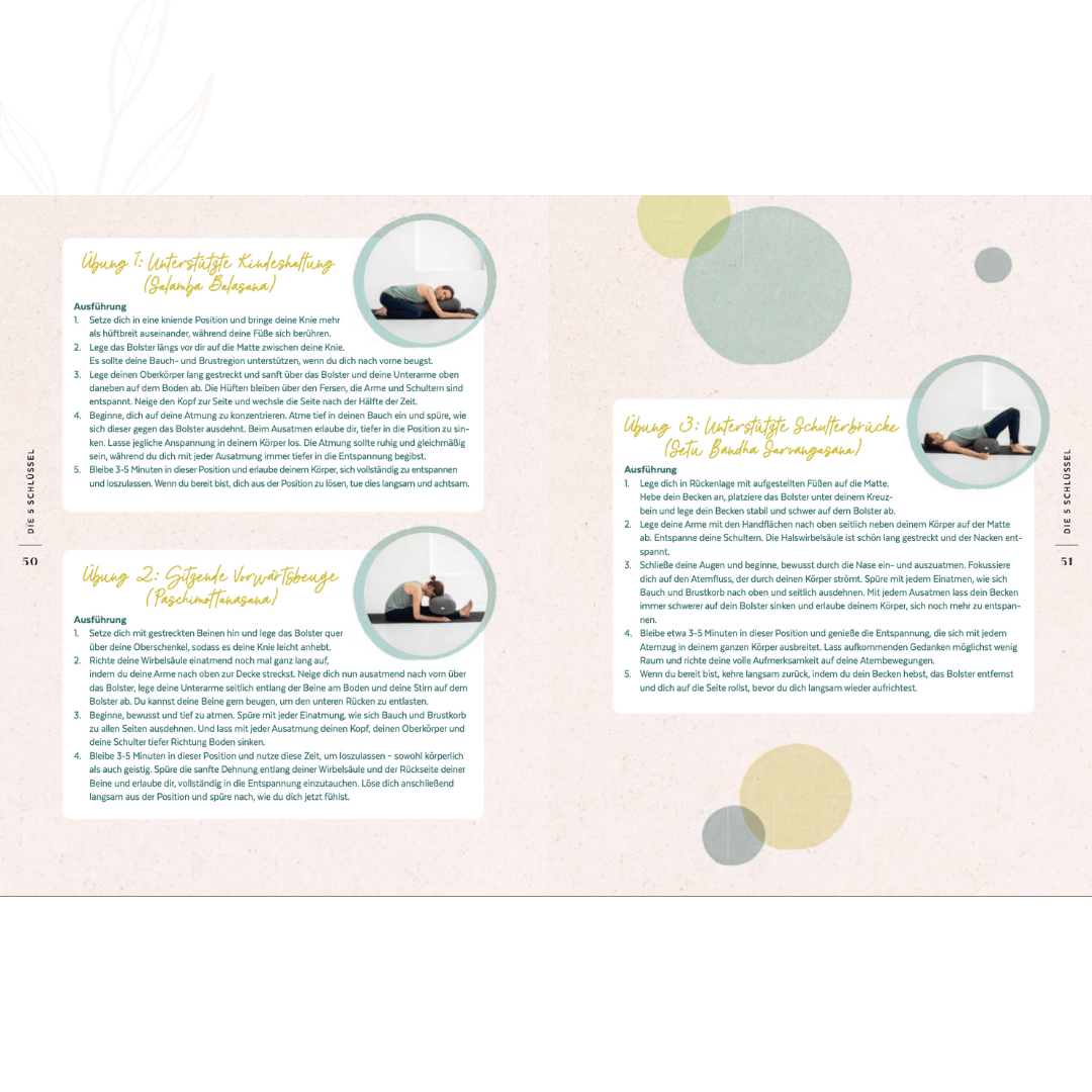 Anleitungsseiten mit sanften Yoga- und Entspannungsübungen für die Wechseljahre