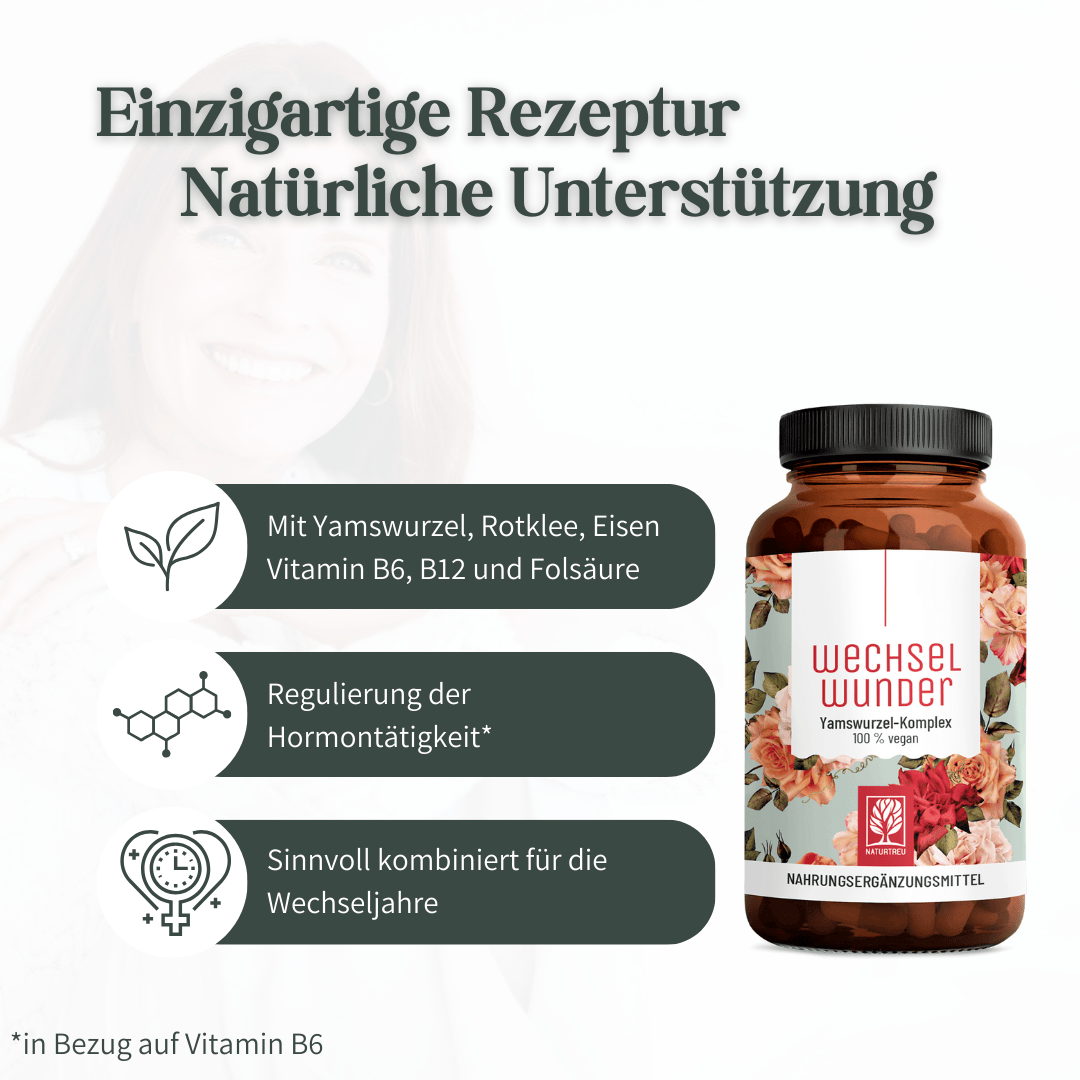 Vorteile von Naturtreu Wechselwunder: Regulierung der Hormontätigkeit durch Vitamin B6 und natürliche Unterstützung.