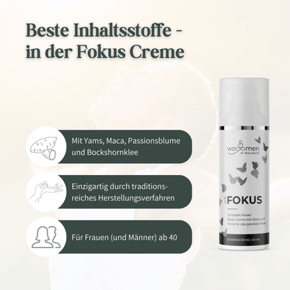 Wo-Men in Balance Fokus Körpercreme mit Yams, Maca, Passionsblume und Bockshornklee, geeignet für Frauen und Männer ab 40
