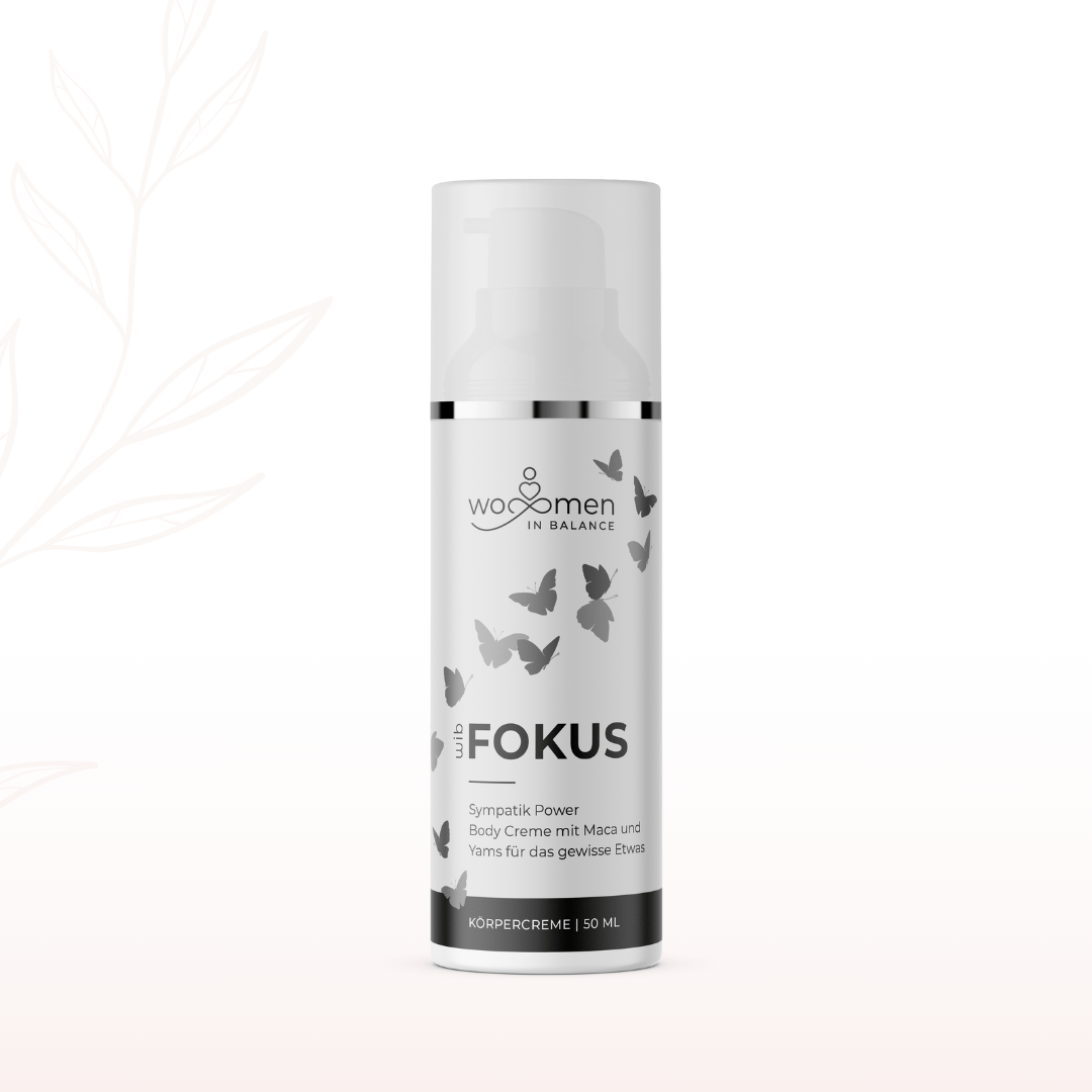 Wo-Men in Balance Fokus Körpercreme 50 ml in Pumpspender, freigestellte Produktabbildung