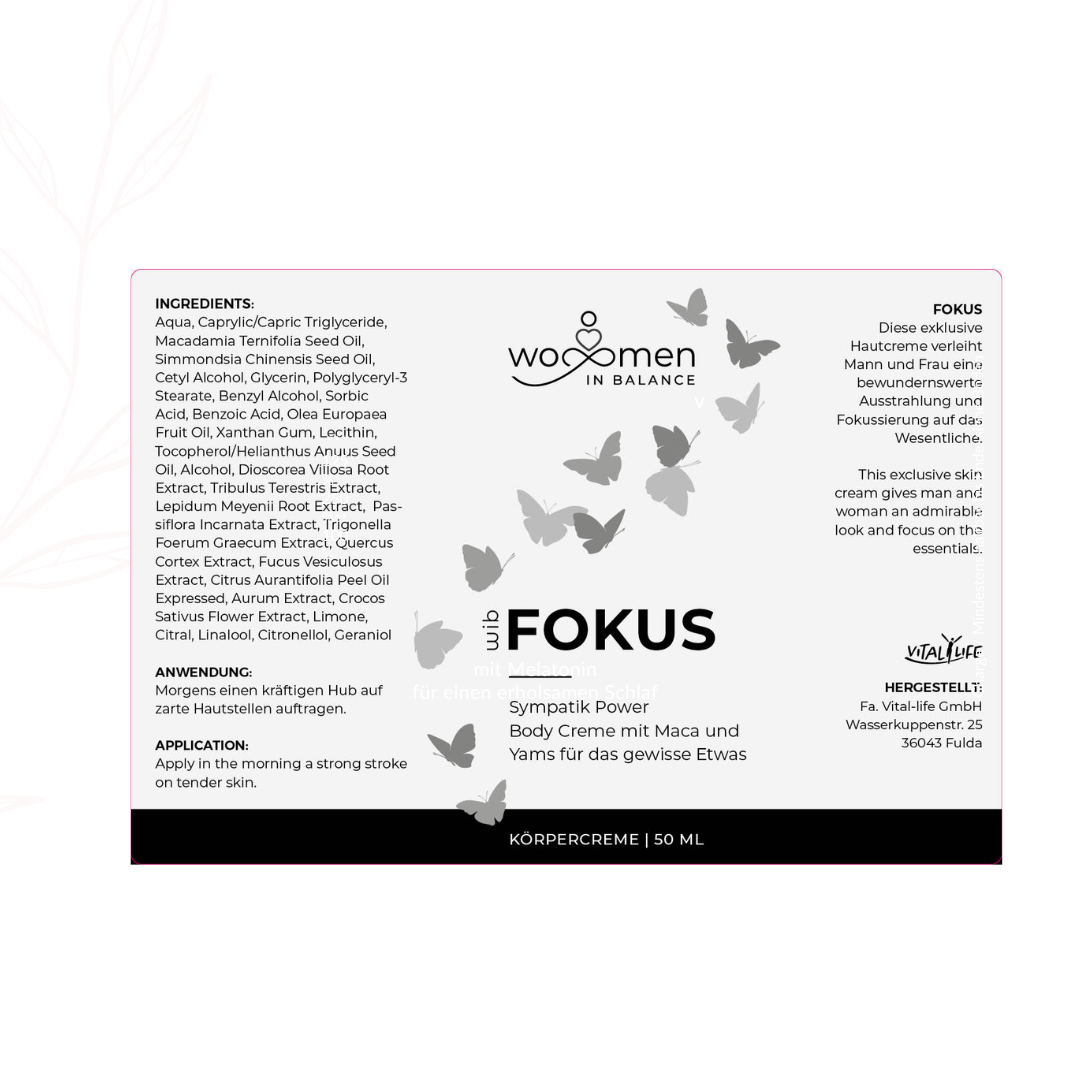 Rückseite des Etiketts der Women in Balance Fokus Body Creme mit vollständiger Inhaltsstoffliste (Ingredients), Anwendungshinweisen auf Deutsch und Englisch sowie Herstellerangaben der Vital-life GmbH.