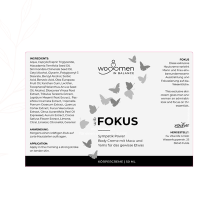 Rückseite des Etiketts der Women in Balance Fokus Body Creme mit vollständiger Inhaltsstoffliste (Ingredients), Anwendungshinweisen auf Deutsch und Englisch sowie Herstellerangaben der Vital-life GmbH.